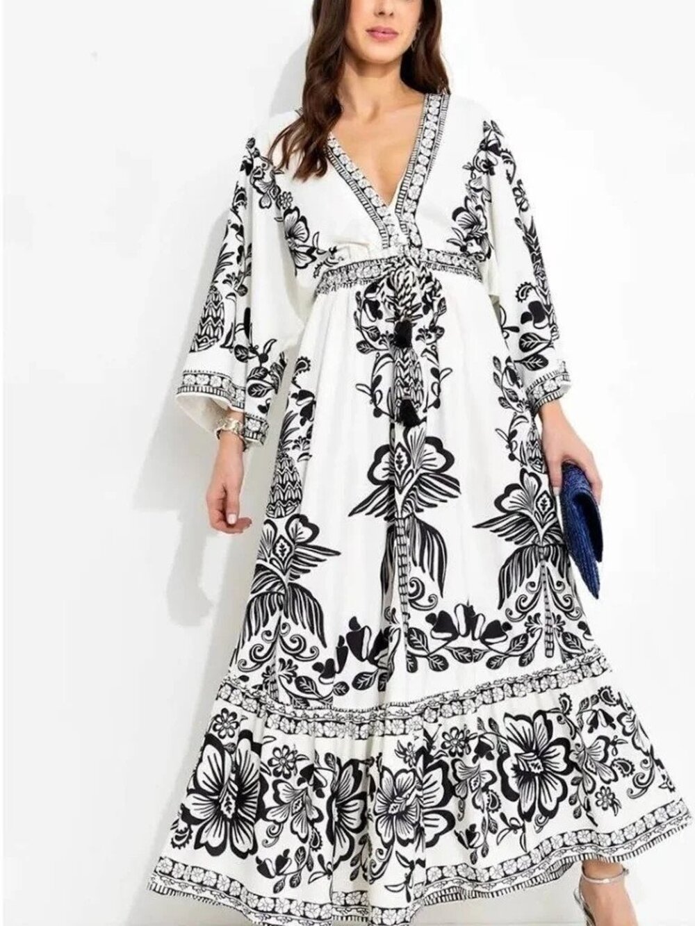 Farm Rio Maxi Dress Womens Small Black White Floral 100% Cotton Kimono Sleeve M